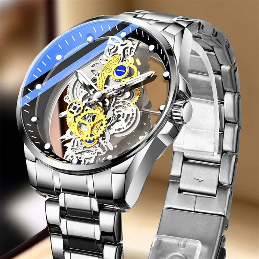 Luxury Quartz Steel Men's Watch Business USA Skeleton Hollow Stainless Automatic