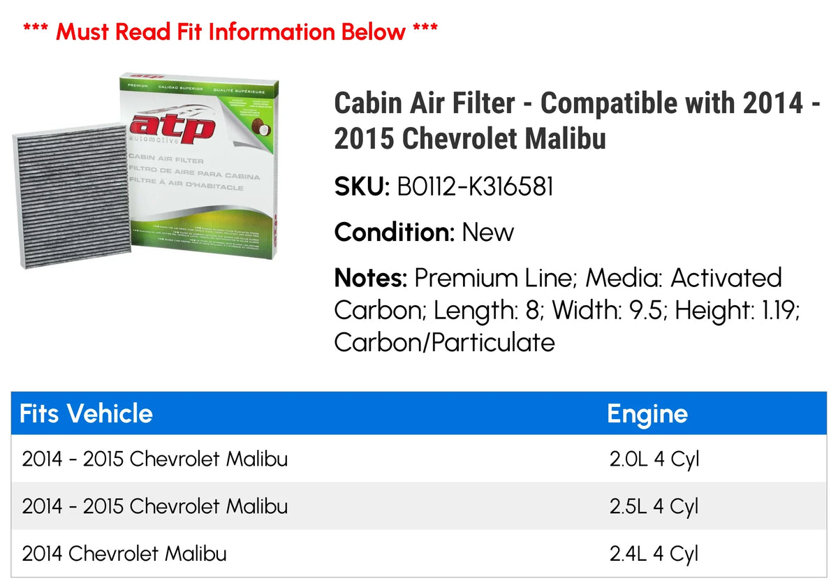 Malibu Air 2015 2014 with Chevy - Compatible - Filter Cabin