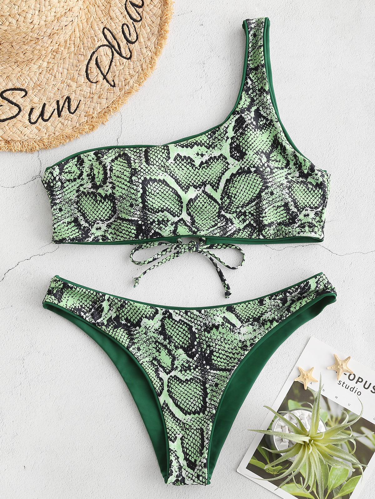 Print One Set Leopard Reversible Medium ZAFUL Bikini Forest Snakeskin for Women Swimsuit Green M Shoulder