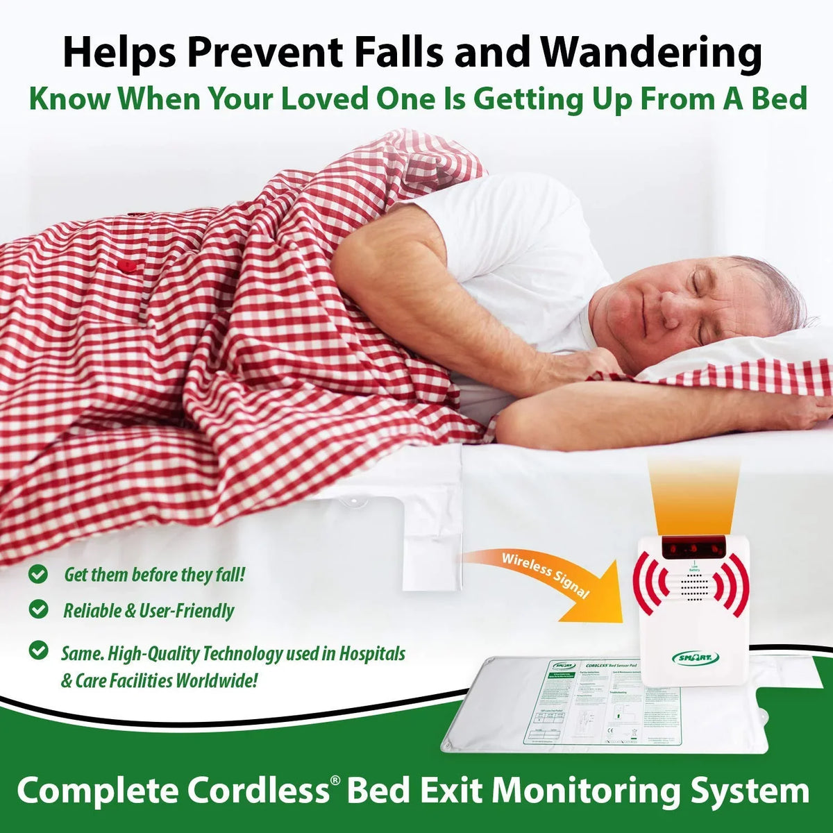 Monitoring Falls Piece Wandering While Help Cordless Sensing Smart and Unattended, Bed Exit Prevent Caregiver Set 2 Pressure Bed Alarm - Pad System with