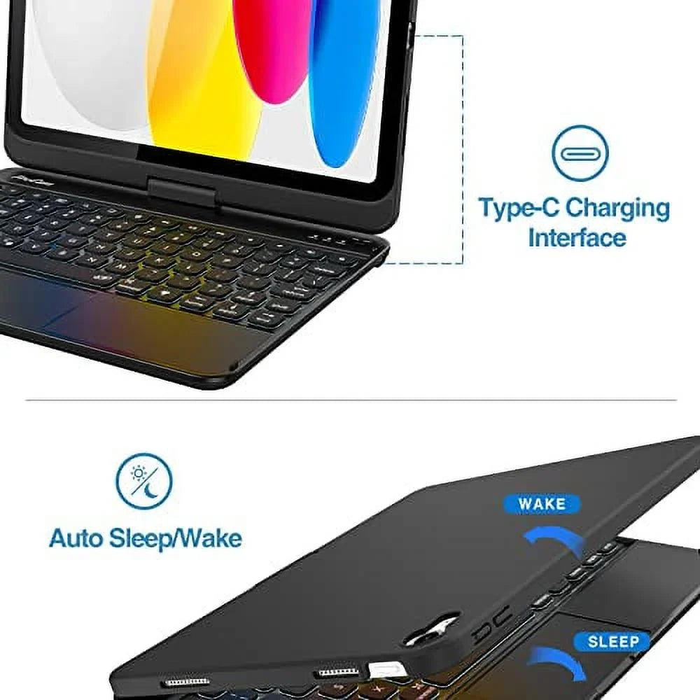 for Keyboard iPad Gen Color Case 10th for 360 Rotation 7 Multi-Touch 2022 Case 10.9 Keyboard Degree with 10th inch –Black Trackpad, ProCase Generation Backlit Touchpad iPad