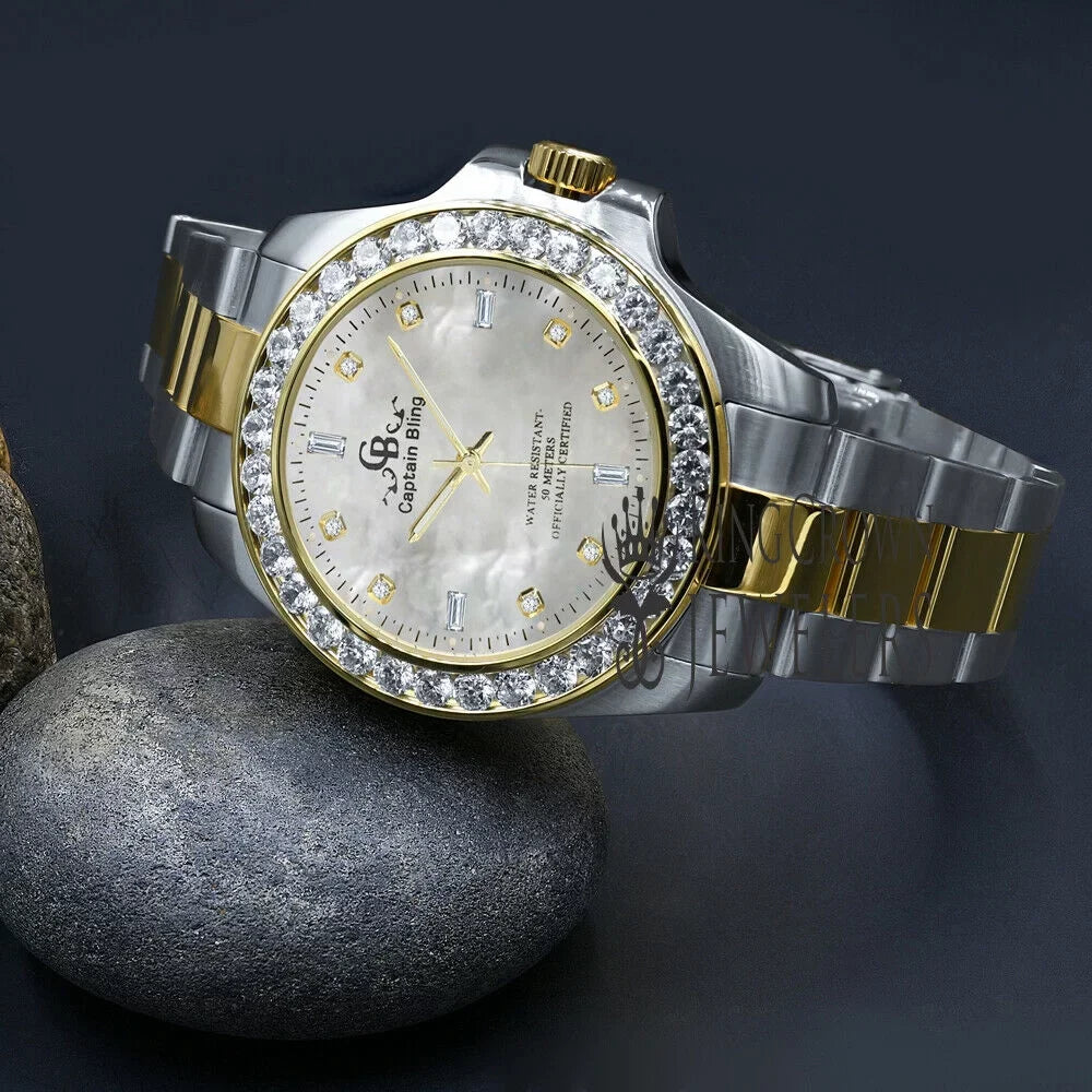 Stainless Simulated Diamonds 2 Tone Dial 18K Finish Mens Solid Gold Pearl Mother Of Watch Steel