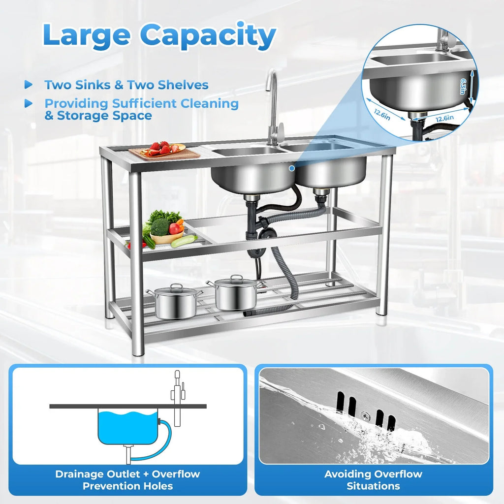 Prep Bowls Steel w/ Commercial Kitchen Catering Catering Utility w/Faucet Stainless Table Kitchen 2 Sink Bowls Home Prep 304 Drainboard Kitchen Sink Catering Sink +Shelf Bowl Prep 2 Table Bowl