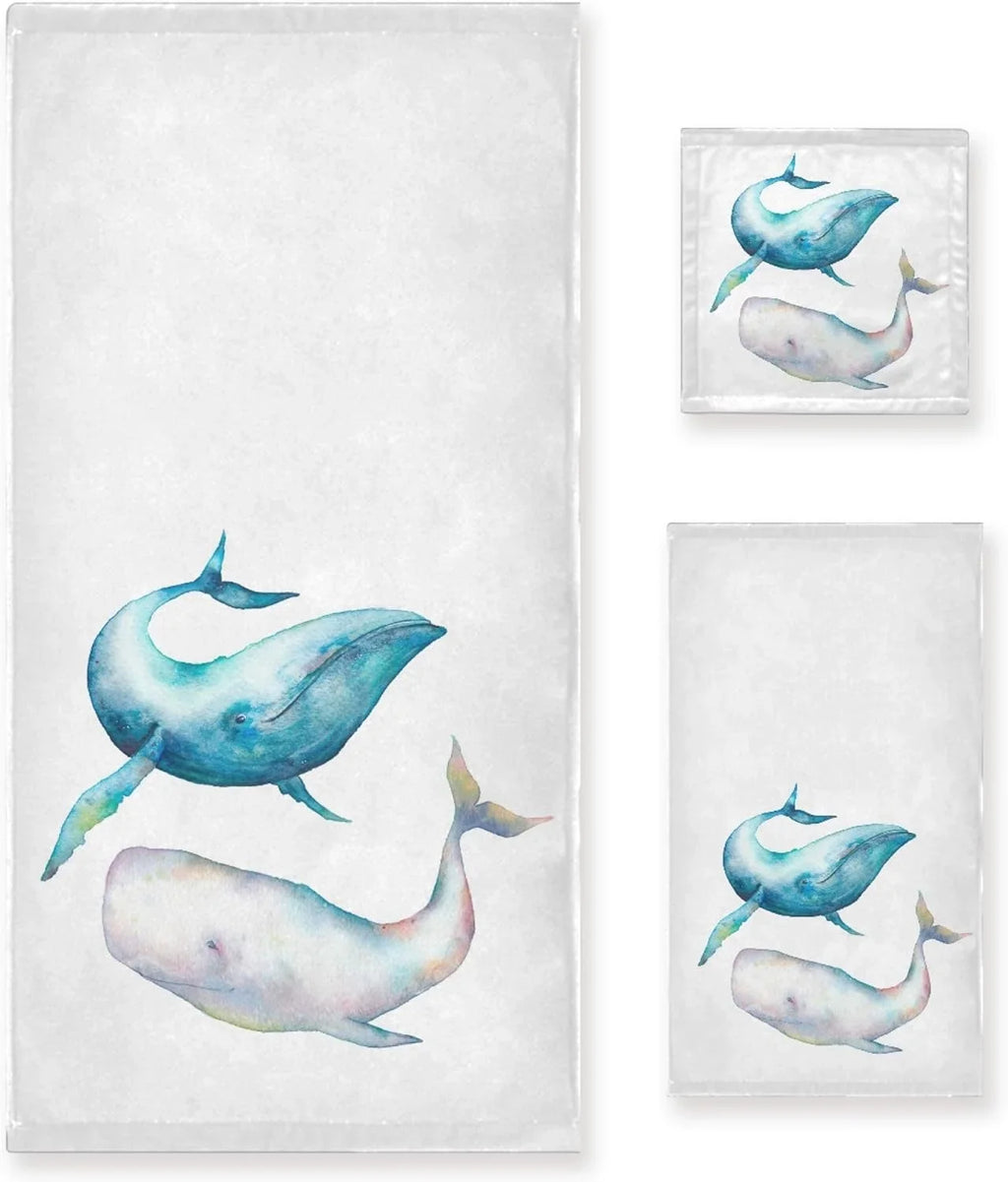 for Whale Absorbent Life Hand GZHJMY 3-Piece Ocean Soft Humpback Bath Quick Bath Sea Marine Towel Towel, 1 Set,Watercolor 1 Washcloth, Drying Bathroom 1 Blue Towel Whale Sets, Bowhead Towel, Towels