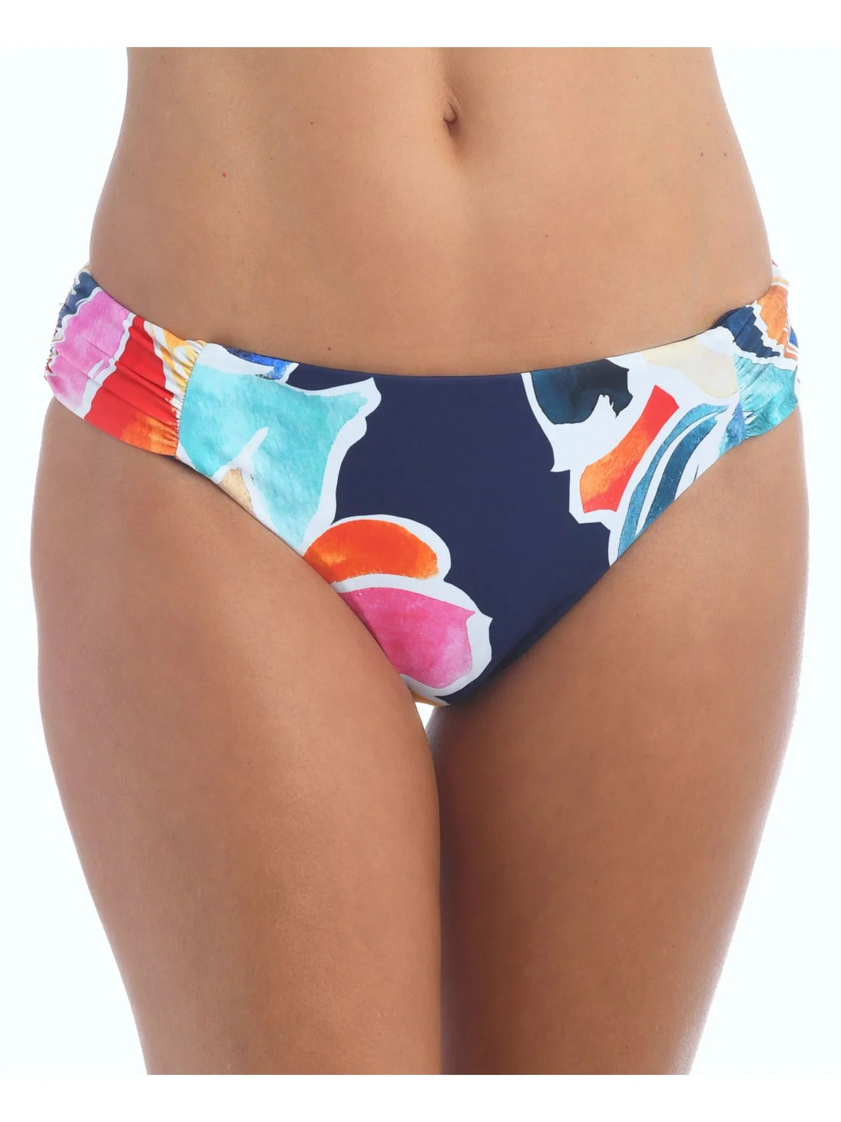 Stretch Swimsuit BLANCA Lined Navy Hipster Coverage Bottom Floral In Reversible Women's Moderate Shirred Bloom 4 Petals LA