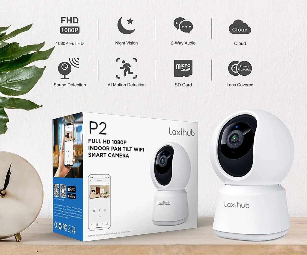 Pan/Tilt Motion Camera, Monitor, Laxihub & Audio, Sound 360° 2.4g Alexa WiFi Detection, with Security Vision, Baby Works 1080P IR Two-Way Night