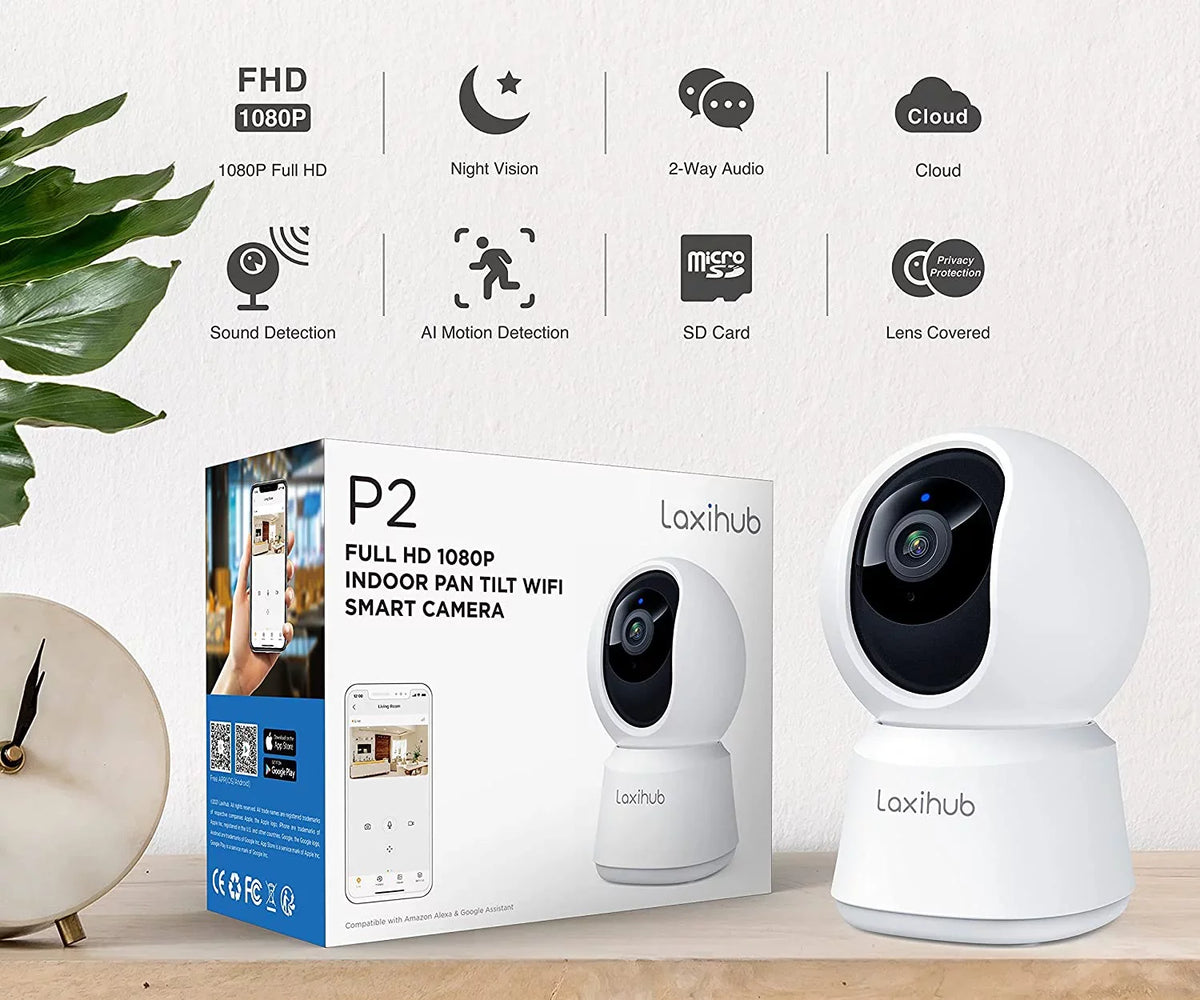 Pan/Tilt Motion Camera, Monitor, Laxihub & Audio, Sound 360° 2.4g Alexa WiFi Detection, with Security Vision, Baby Works 1080P IR Two-Way Night