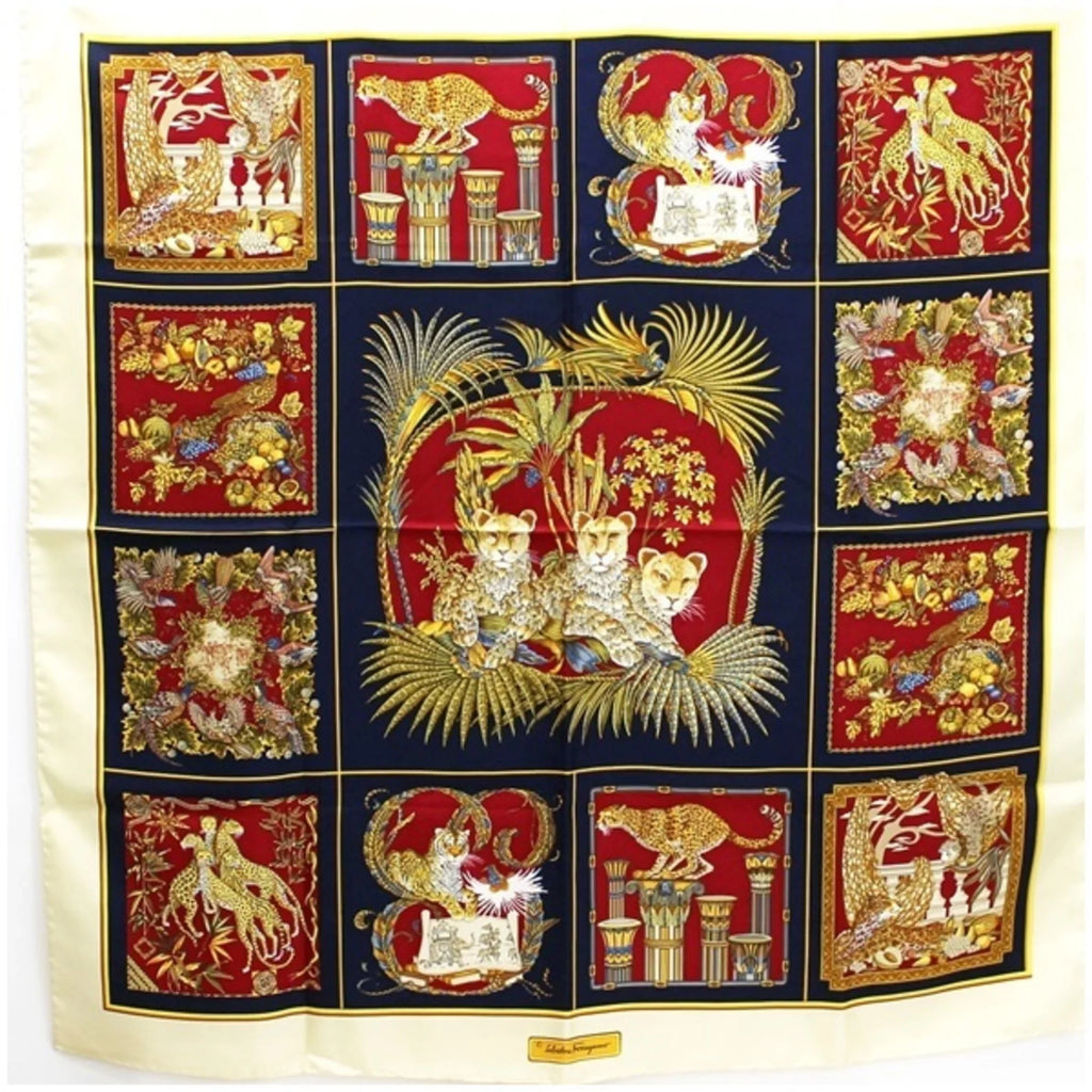 (Good) and leopard Ferragamo silk Salvatore scarf ladies navy FERRAGAMO print × muffler pattern ivory Pre-Owned animal SALVATORE plant