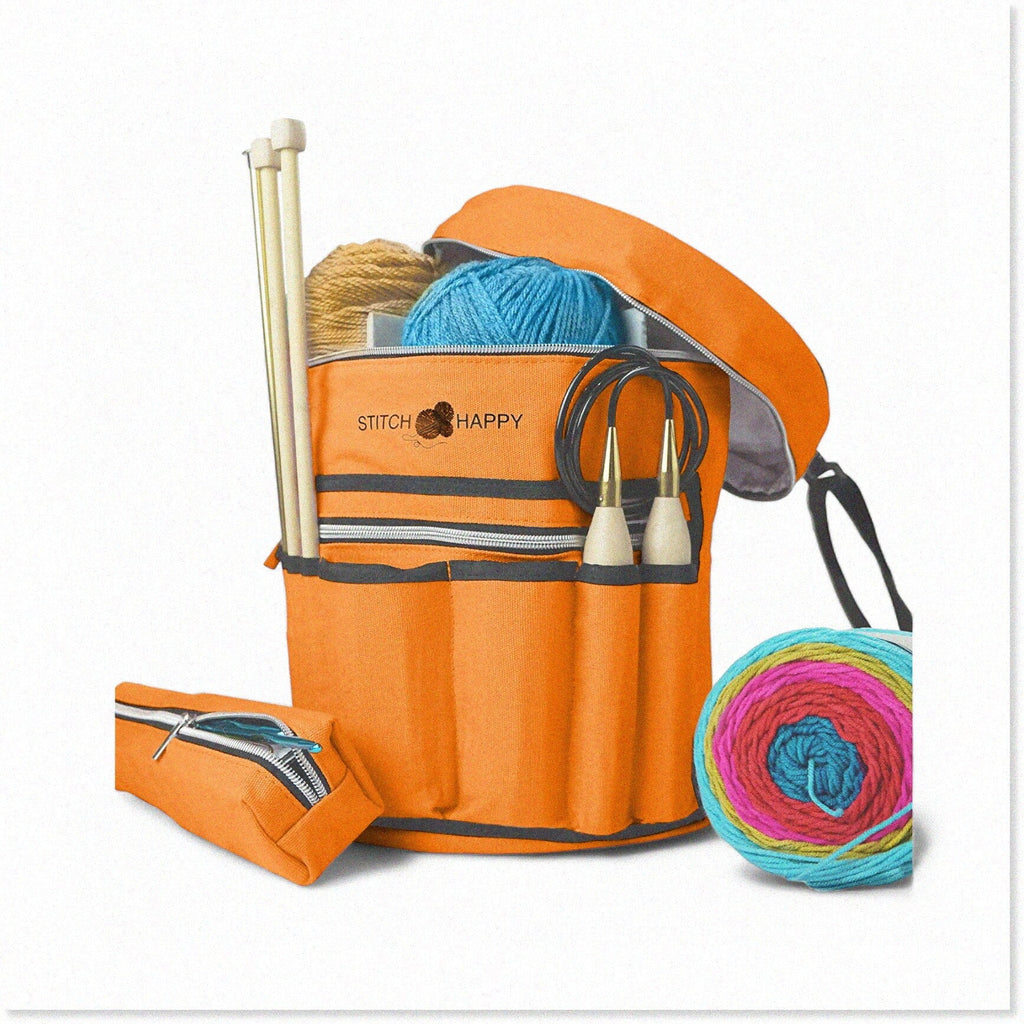 7 Solution & Bag, Orange Yarn Crochet Pocket Tote: Craft Knit Storage Blossom