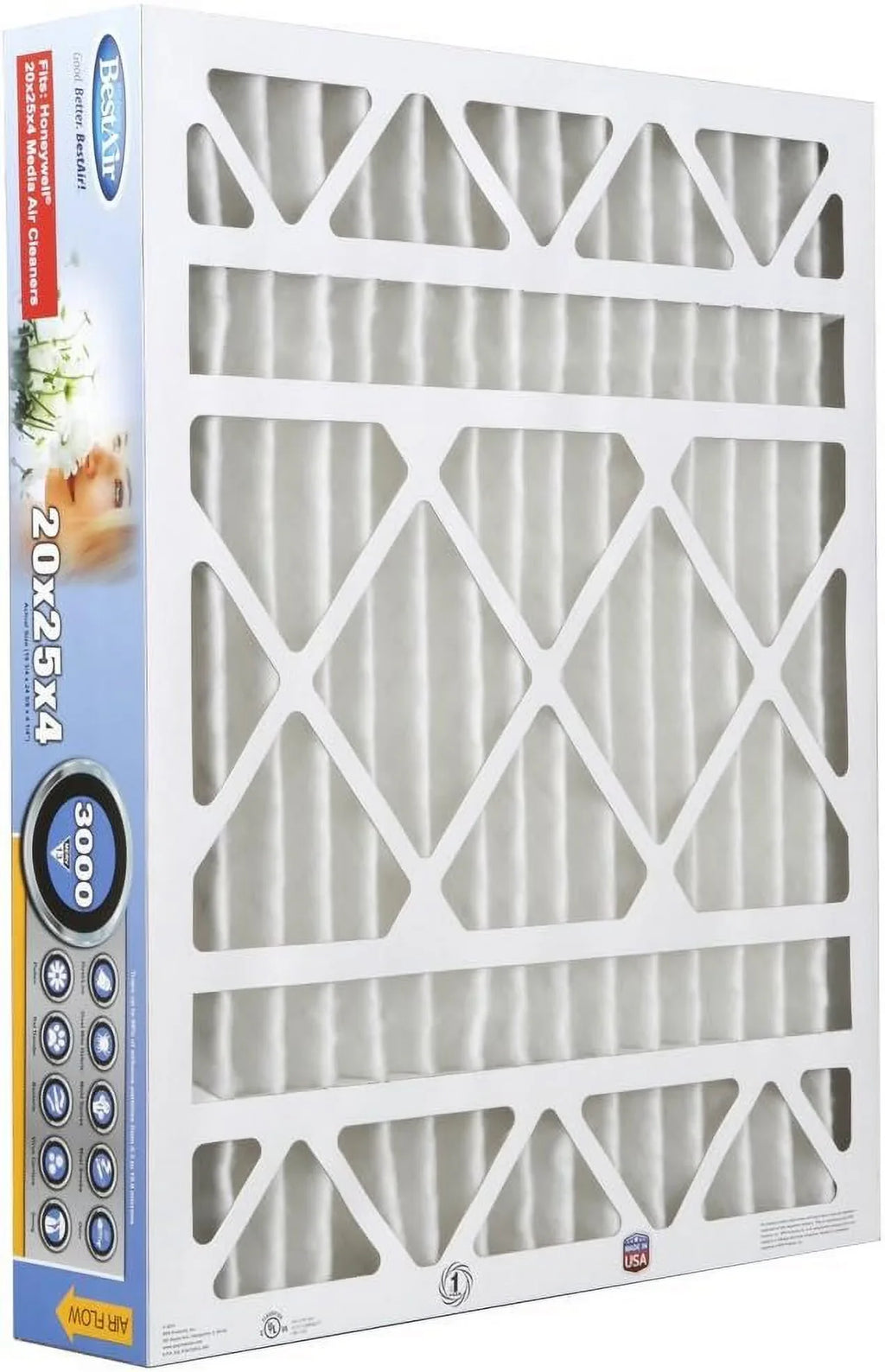 BestAir Allergens 100%, 20" Honeywell 4", 13, Pack Removes & Models, Air Fits of HW2025-13R MERV 25" x 3 AC Furnace For Filter, x Contaminants,