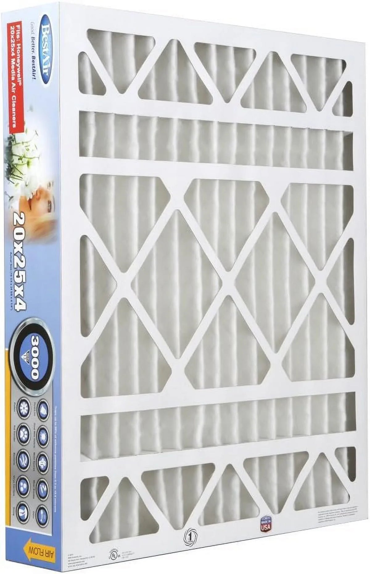 BestAir Allergens 100%, 20" Honeywell 4", 13, Pack Removes & Models, Air Fits of HW2025-13R MERV 25" x 3 AC Furnace For Filter, x Contaminants,