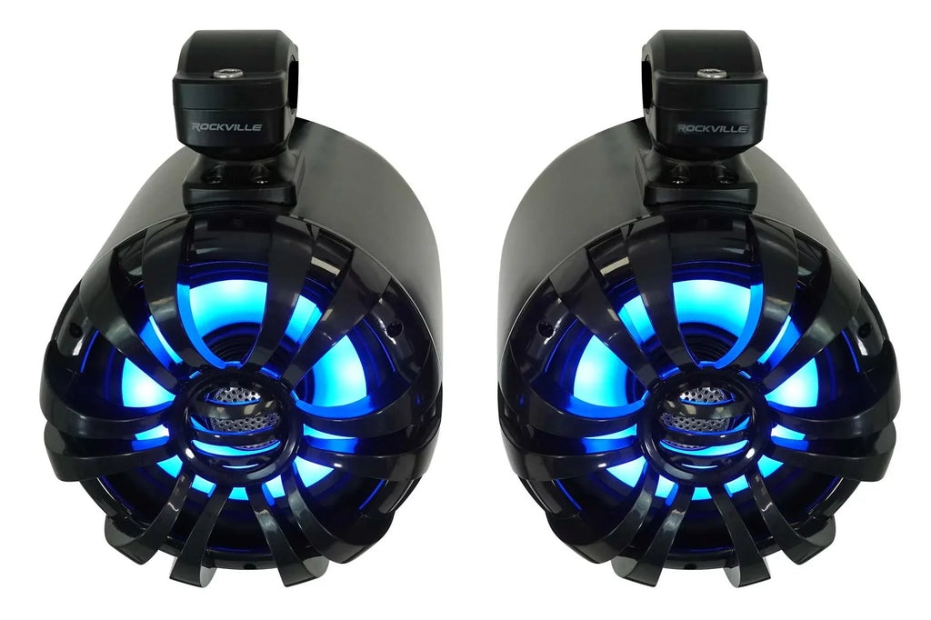 LED Speakers+Remote WB65KLED 600w Black Marine Wakeboard Pair Tower Rockville 6.5"