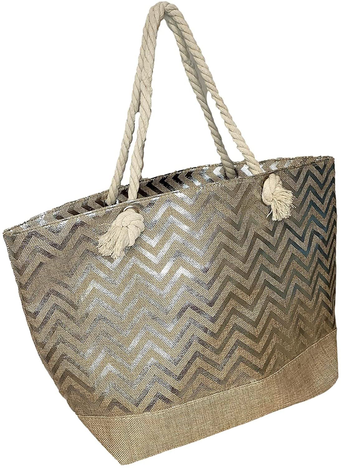 Can Bag with Zipper Beach Tote with Name Metallic - be or Personalized Monogram Top Print Women Large Initial,