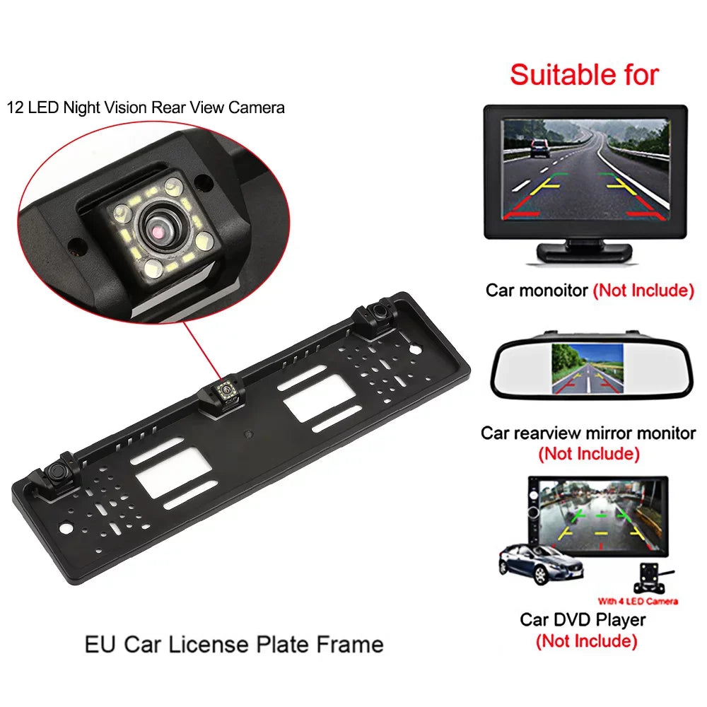 Nebublu Reversing 12 License Sensor Car European Rear Plate Backup Camera, Parking View LED Camera, Frame, System,