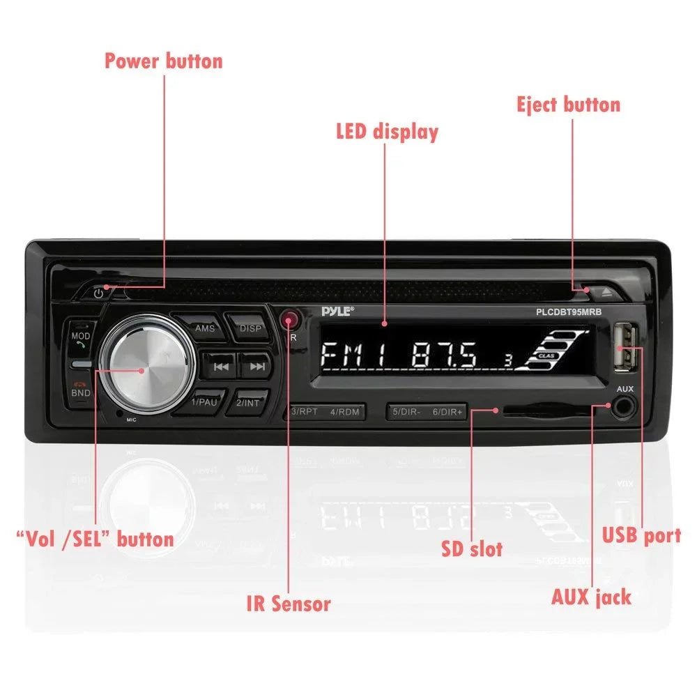 PLCDBT95MRB - Marine 6.5" Radio Kit Calling, Player, Wireless DIN Hands-Free w/Single Receiver, Readers PYLE AM/FM Radio & Stereo CD Audio Universal - Size MP3/USB/SD Waterproof Speakers, Bluetooth