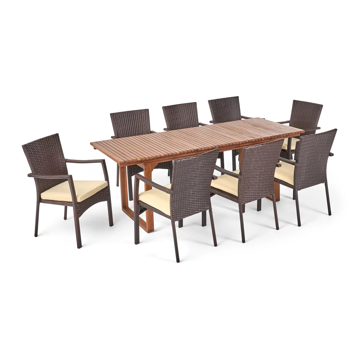 Set, Outdoor Cream Wicker Expandable Seater and Maxwell 8 Brown, Wood Dining