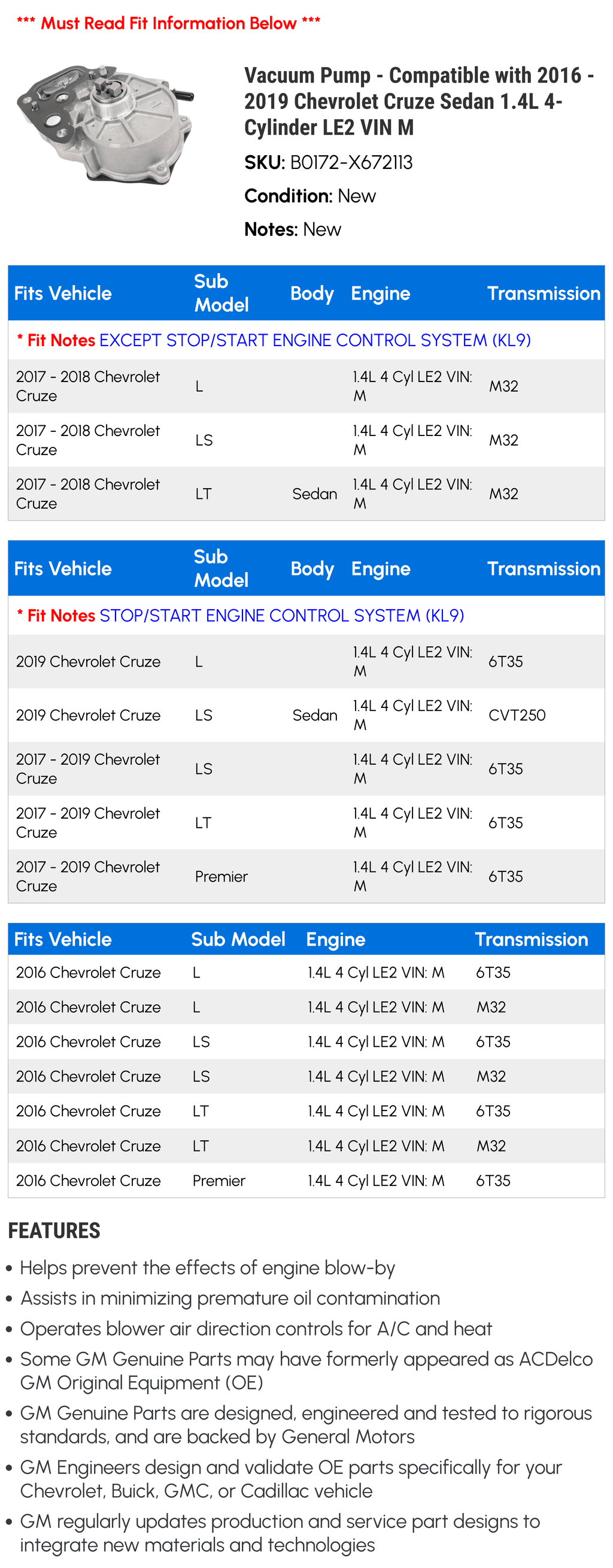 2016 2019 Vacuum Sedan Compatible - LE2 with Pump VIN M Cruze - 2017 1.4L 2018 4-Cylinder Chevy