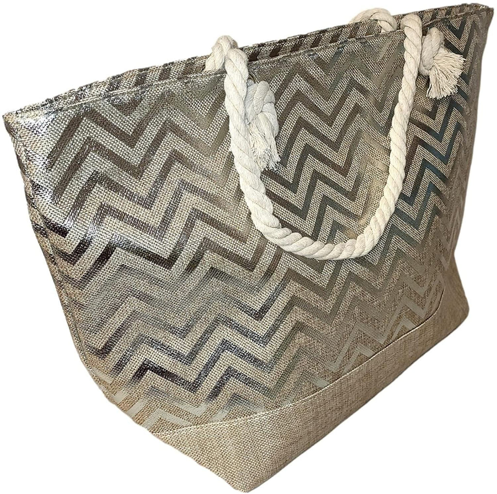 Can Bag with Zipper Beach Tote with Name Metallic - be or Personalized Monogram Top Print Women Large Initial,