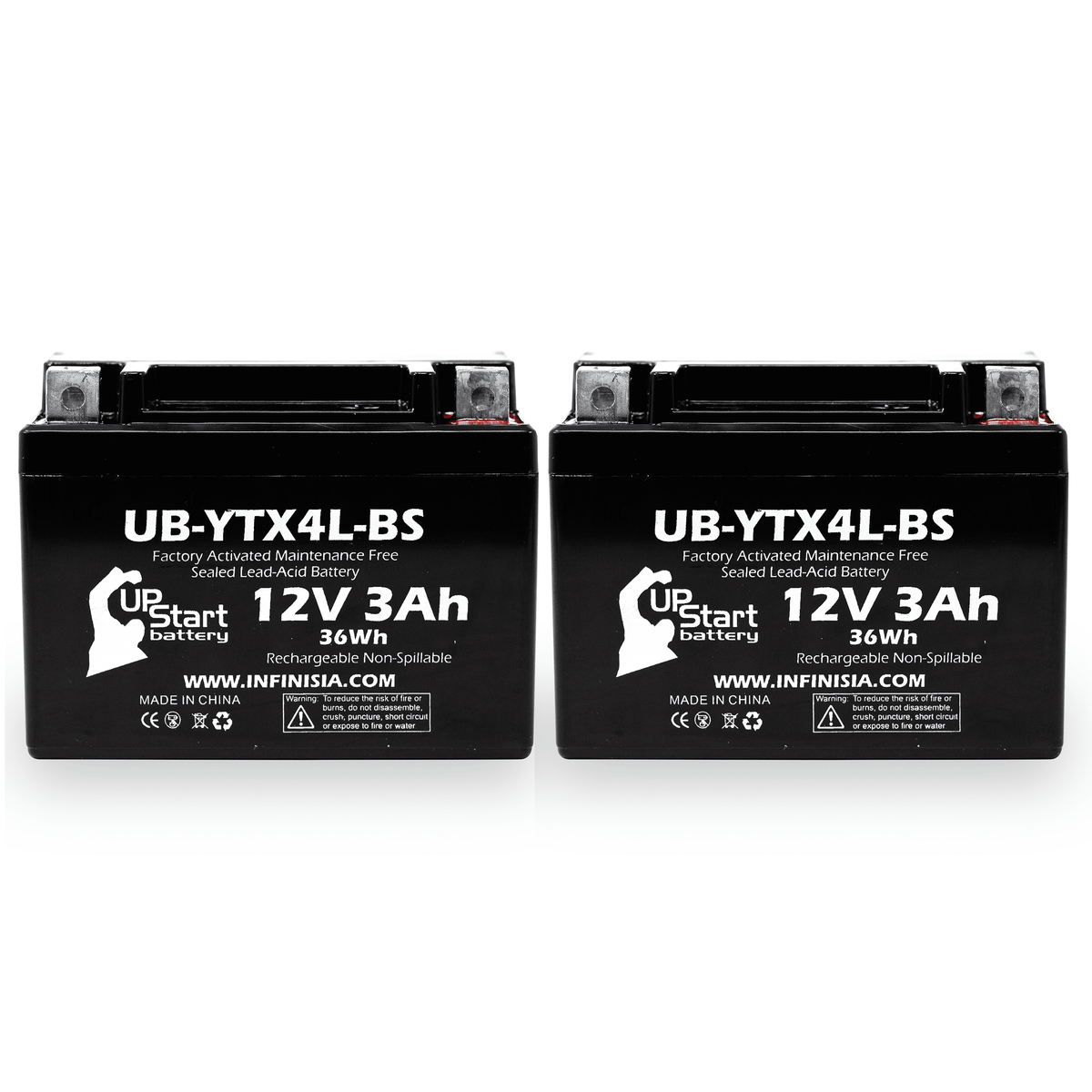 12V, DS90F, 2008 Free, UB-YTX4L-BS - (Can-Am) 2-Pack Maintenance 3Ah, Quest Activated, Battery Replacement ATV DS90, 90CC Bombardier Factory