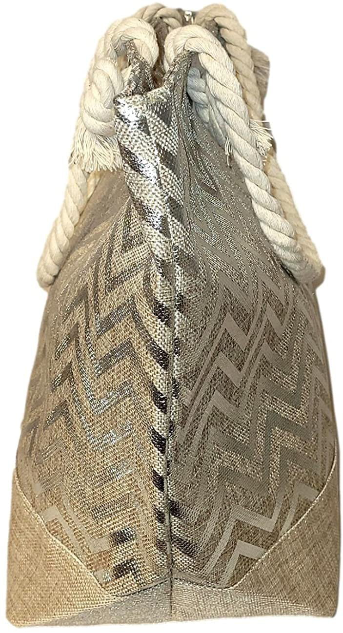 Can Bag with Zipper Beach Tote with Name Metallic - be or Personalized Monogram Top Print Women Large Initial,