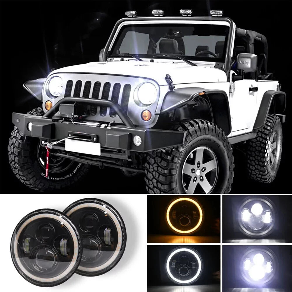 LJ Wrangler 7" TJ Halo CJ JK Angle For Headlights Eyes Round LED Inch Jeep