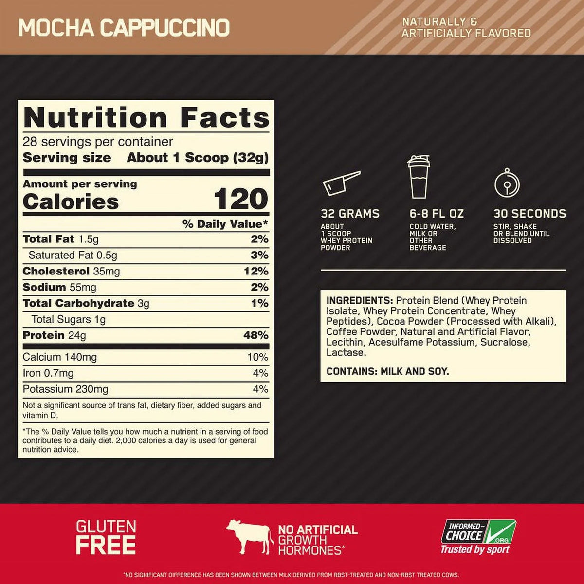 28 Servings Whey Gold 2 Standard Cappuccino, Powder, Optimum lb, Nutrition, 100% Mocha Protein