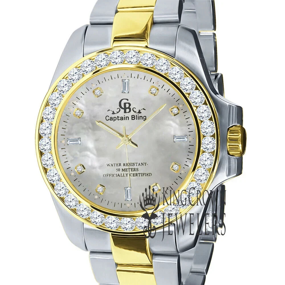Stainless Simulated Diamonds 2 Tone Dial 18K Finish Mens Solid Gold Pearl Mother Of Watch Steel