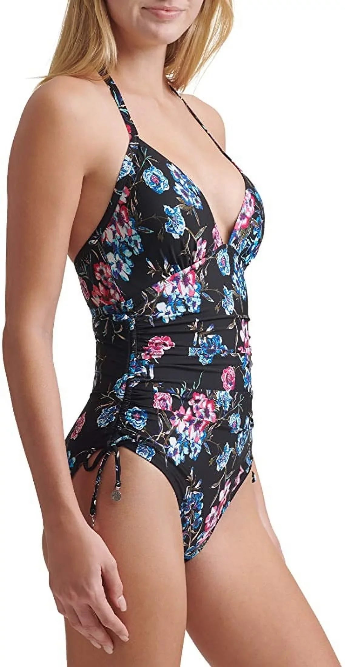 One-Piece 4 Halterneck DKNY BLACK FLORAL Floral-Print Swimsuit, US