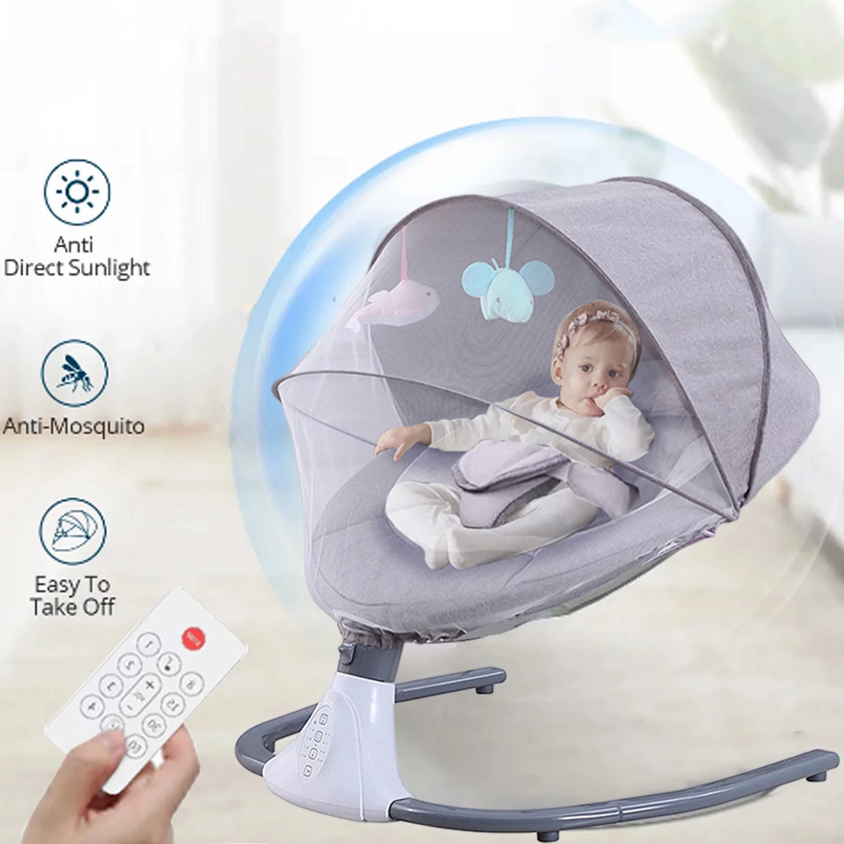 Swing Seat Swing Gray Baby 4 Speeds and Chair Electric Control, Portable with Infant Swing Remote