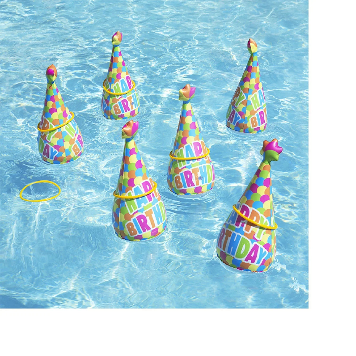Yellow/Blue Pool - 6pc Inflatable Swimming Toss Hat Ring Party Master 17" "Happy Pool Game Birthday"