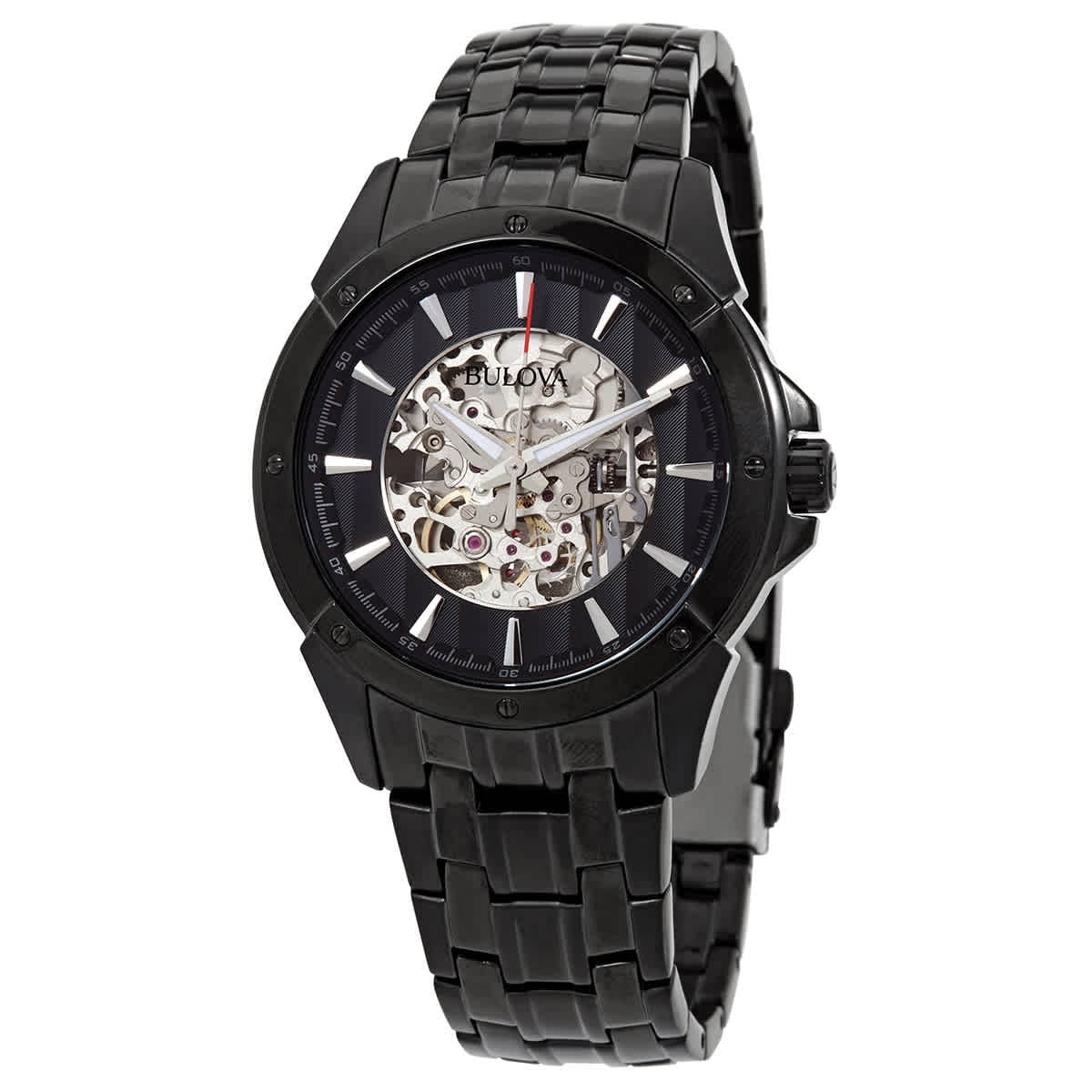 Black Skeleton IP and Automatic Watch Bracelet 98A147 Silver Dial Steel Men's Black