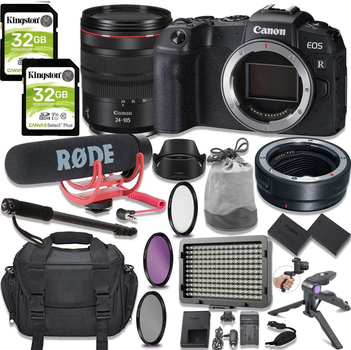 RP Kit & Rode Lens Mount + EOS Camera 24-105mm Go Video Mirrorless LED 64GB Accessory Canon Bundle Light More Digital Mic, with RF Memory, Video Adapter with +