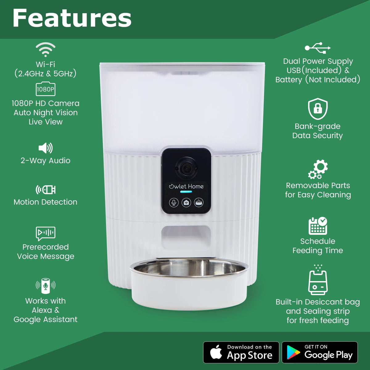 HD Fee Home for with Video, Owlet 1080P Audio, Alert, Auto Vision, Motion Smart Automatic Works Alexa & 2-Way Pet Dogs Monthly Night (3.5L), No & with Cats Assistant, Google Live Feeder WiFi, Camera