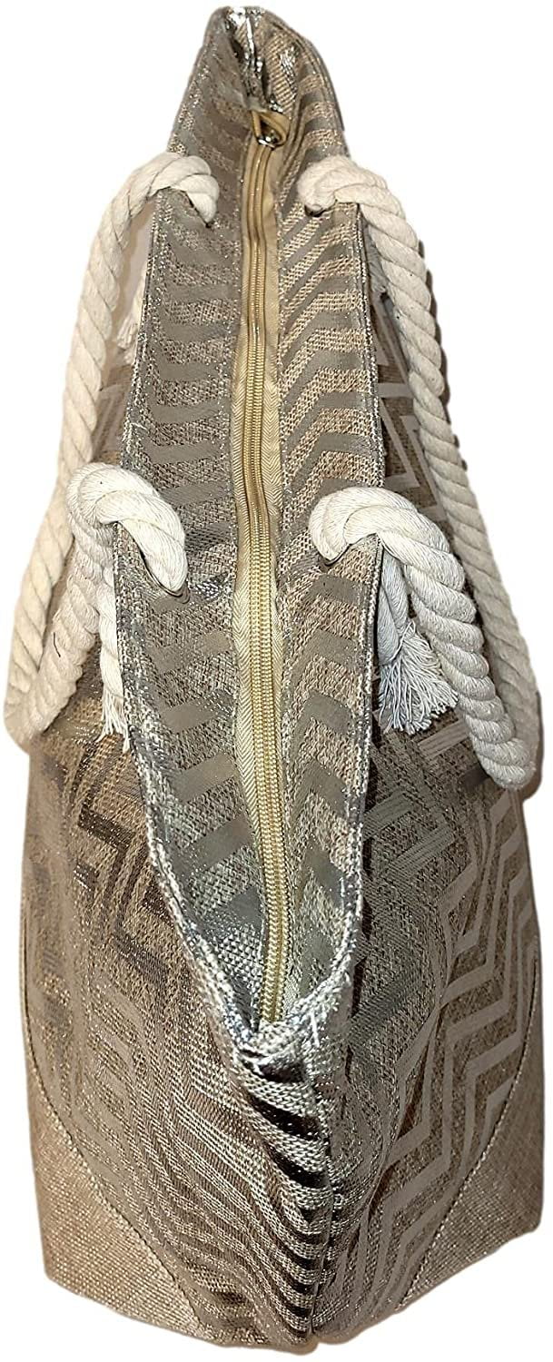 Can Bag with Zipper Beach Tote with Name Metallic - be or Personalized Monogram Top Print Women Large Initial,