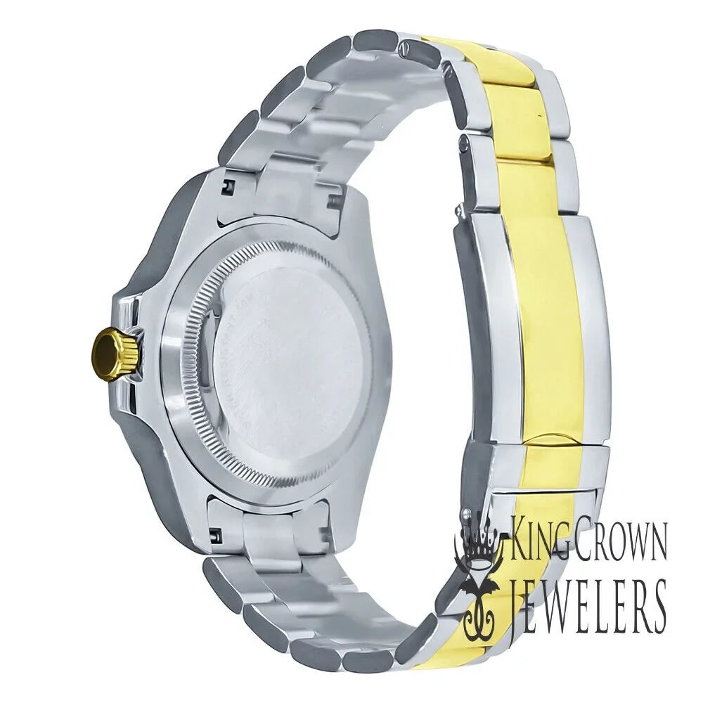 Stainless Simulated Diamonds 2 Tone Dial 18K Finish Mens Solid Gold Pearl Mother Of Watch Steel