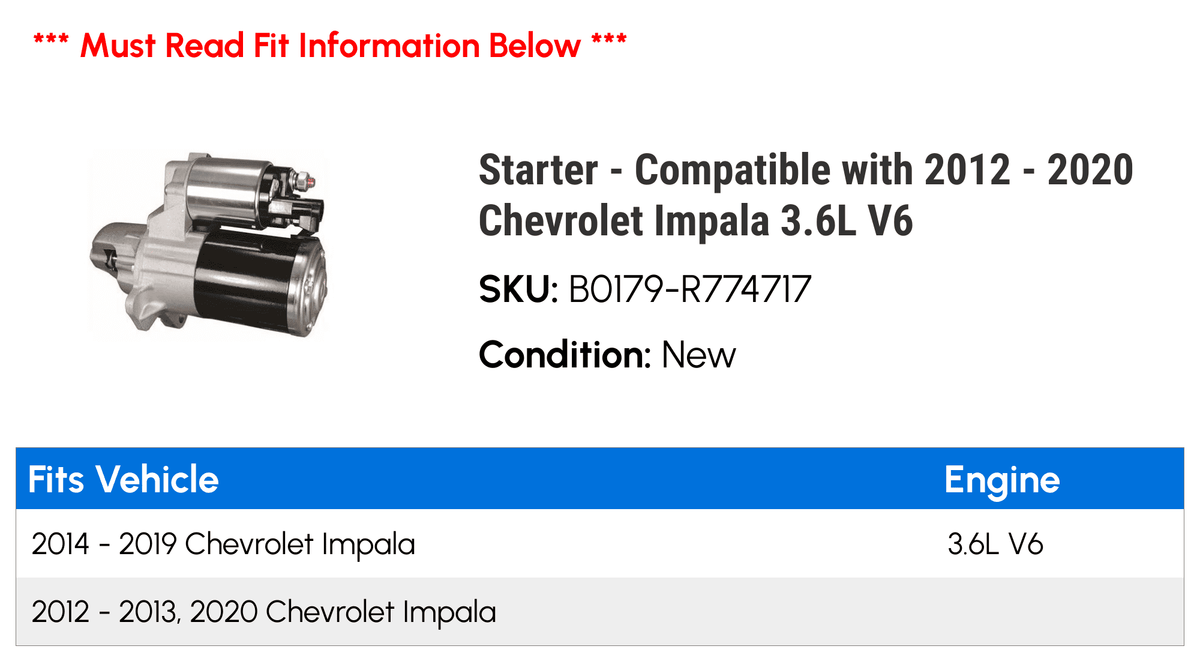 2017 Impala 2020 3.6L Starter 2018 V6 2012 2015 - Compatible with - 2016 2013 2019 Chevy 2014