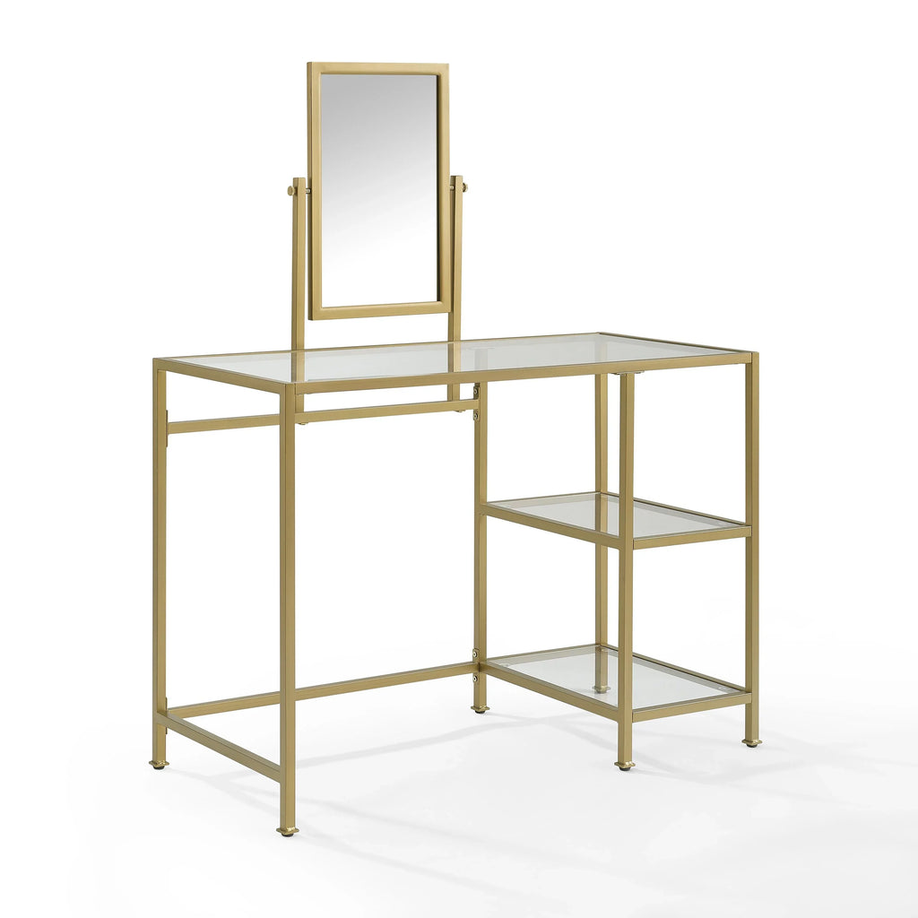 Furniture Crosley Desk/Mirror Glass Gold Vanity in Soft Tempered 2-Piece Aimee