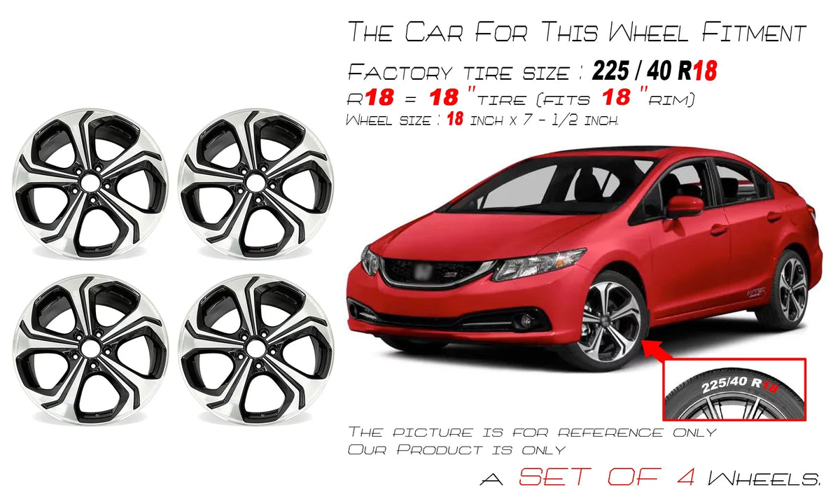 Honda OF Machined Quality 2014 4 Replacement OEM 2015 For SET Wheels 18X7.5 18" Rim Civic BLACK
