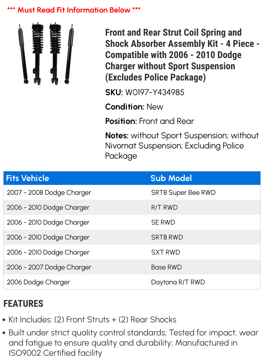 with Police Absorber and 2009 Sport (Excludes and 2006 Piece Dodge - Spring Suspension Kit 2008 2007 Coil 4 Charger 2010 Rear - Shock Assembly Strut Compatible - without Package) Front