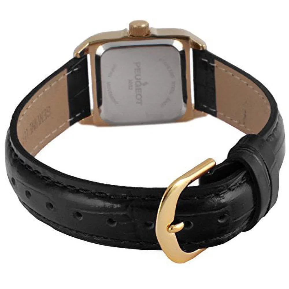 gold peugeot dress black petite luxury 14k square small 3052bk womens watch plated tank band leather