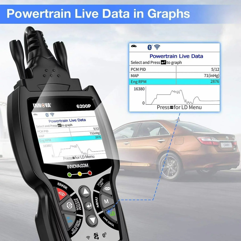 Bluettoth Diagnostic System Tool Reader Battery 6200P Oil OBD2 Registratio ABS Code Scanner Full INNOVA SRS