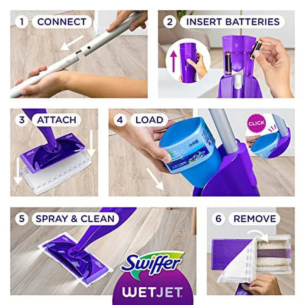 Cleaner and 10 Hardwood Mop, Power Mop Spray WetJet Floor Swiffer Starter 1 Batteries Includes: Kit, Solution, Cleaning Pads,