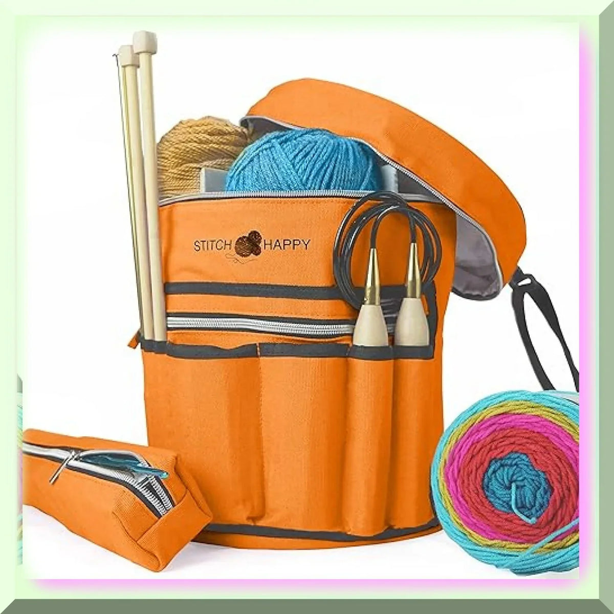 7 Solution & Bag, Orange Yarn Crochet Pocket Tote: Craft Knit Storage Blossom