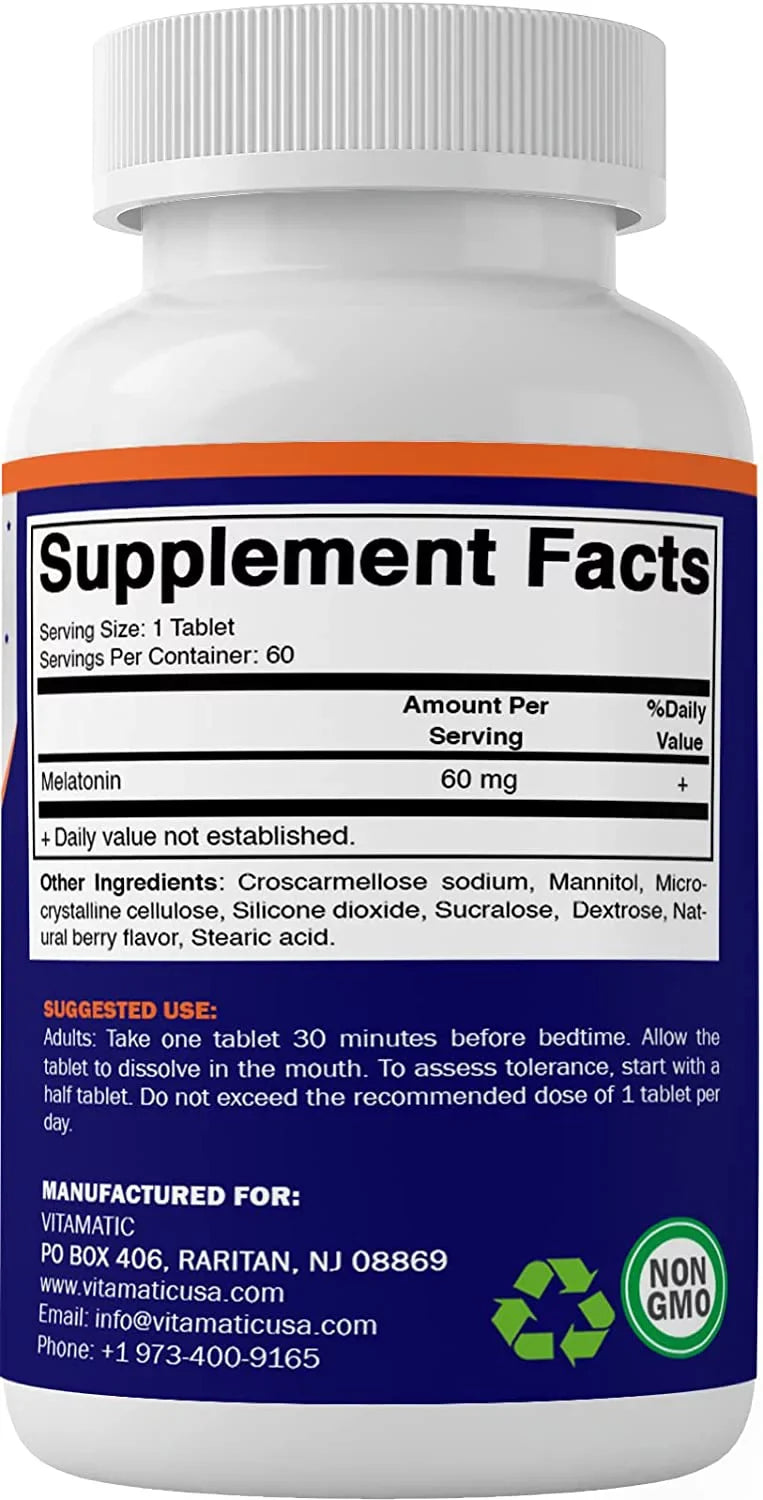 Tablets 60 Melatonin Non-GMO, Non-Habit (2 Flavor Berry Forming Tablets Gluten Vegan Dissolve Bottles) Natural - Fast Free Vitamatic 60mg - -