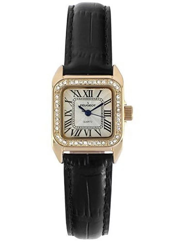gold peugeot dress black petite luxury 14k square small 3052bk womens watch plated tank band leather