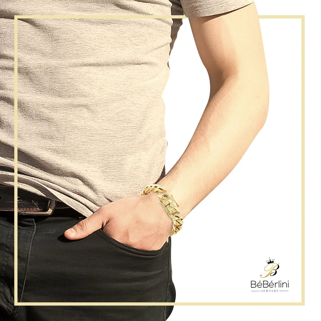 mm Jewelry Plated Fashion BEBERLINI Cuban Bracelet Curb Gold Stainless 16 14K Steel 9" for Adult Link Chain Men