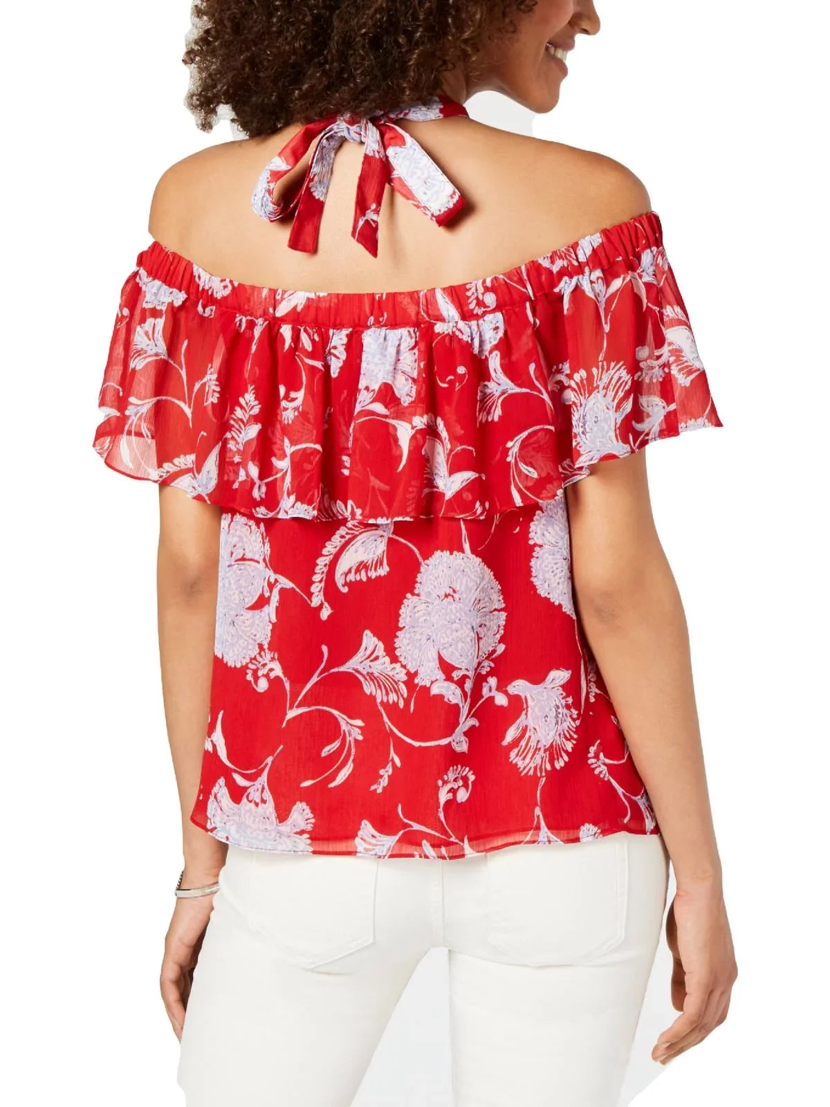 Red Shoulder Printed Blouse Womens Off the Hilfiger Tommy XS