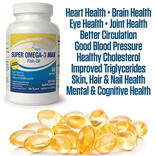 Max Fish Softgel DHA Flavor, Vitamins 1200 Serv.- Natural Omega-3 900 / EPA 30 Day, Super Capsules 60 Triglyceride, Fortifeye Max Per Oil, Lemon