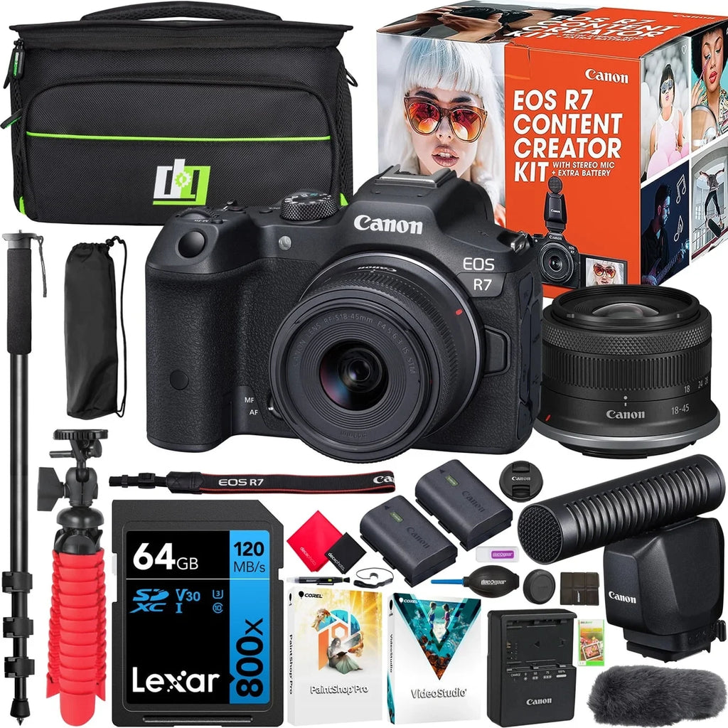 IS Gear Canon 2 with Including Body + + Battery Deco + Photography Camera + Accessories EOS Content Software STM Microphone Mirrorless R7 Kit 18-45mm Monopod & Bag Bundle Creator 5137C055 Lens +
