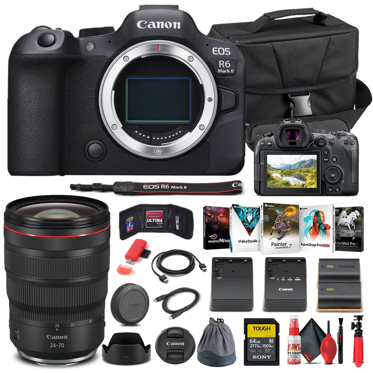 '+ Charger 24-70mm Canon (5666C002) RF Software Lens Camera II + Mark More EOS + Mirrorless Case Card R6 Battery LPE6 Corel External Canon Memory + Reader Photo + 64GB + + Card +